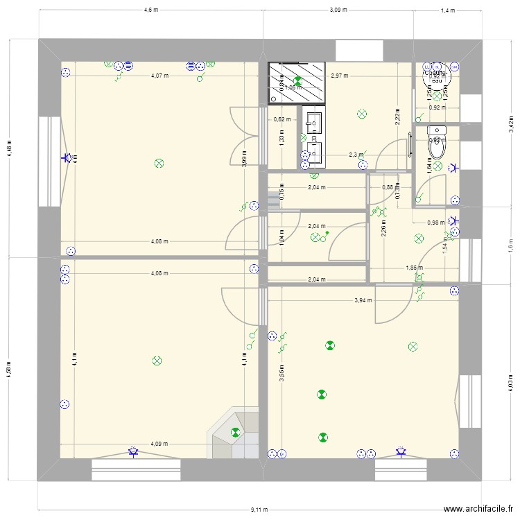 plan maison 3 bornes electricité. Plan de 11 pièces et 64 m2