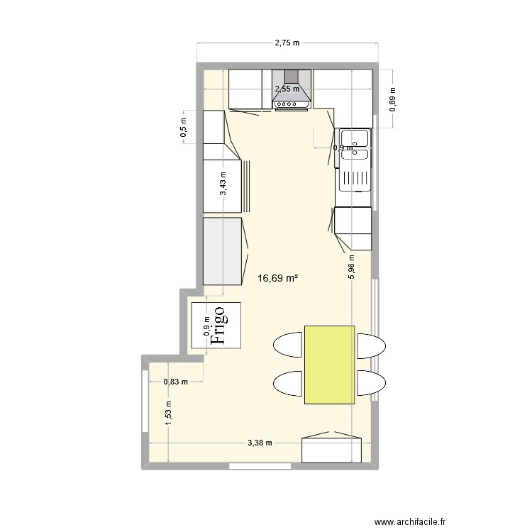 cuisine. Plan de 1 pièce et 17 m2