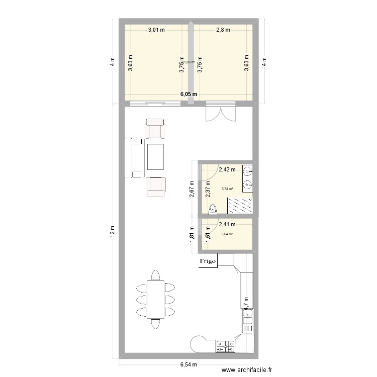 RDC. Plan de 3 pièces et 30 m2