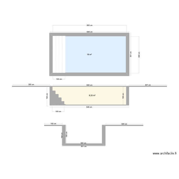 Piscine plan en coupe. Plan de 2 pièces et 26 m2