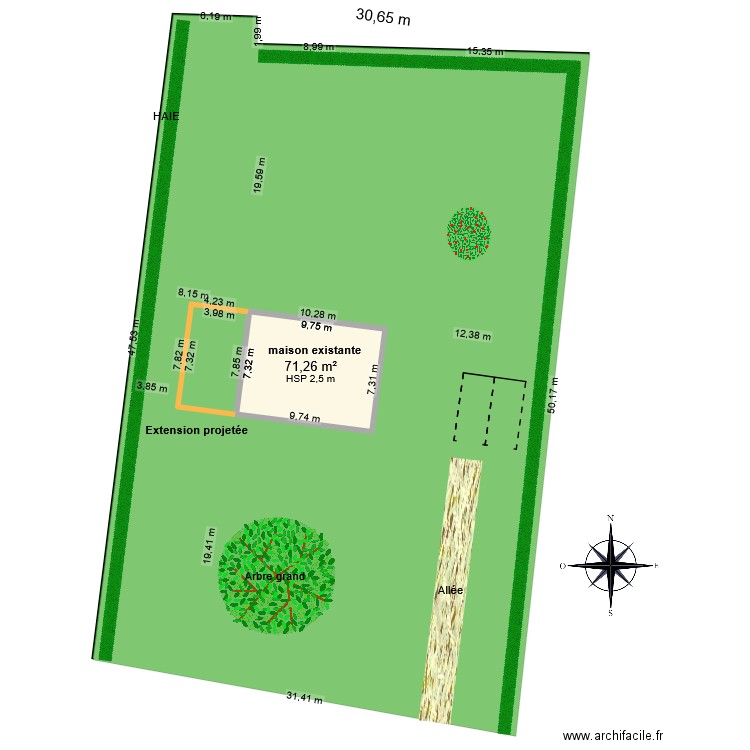 plan de masse avec extension projetée. Plan de 1 pièce et 71 m2