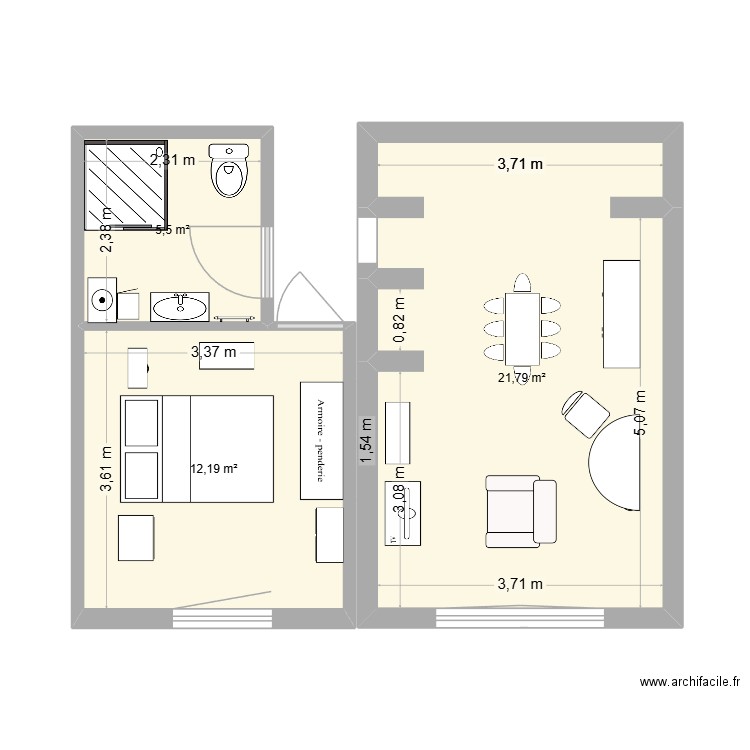appppapi2. Plan de 3 pièces et 39 m2