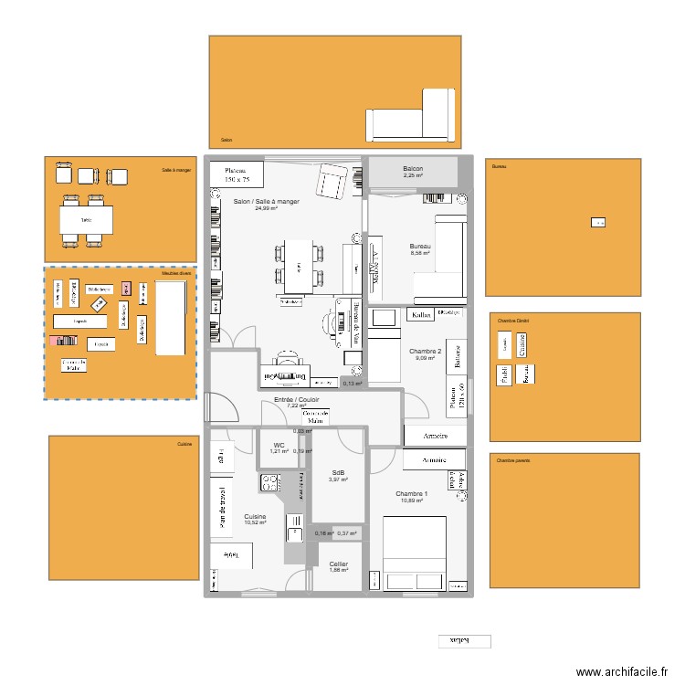 Cuisine 2025. Plan de 15 pièces et 81 m2
