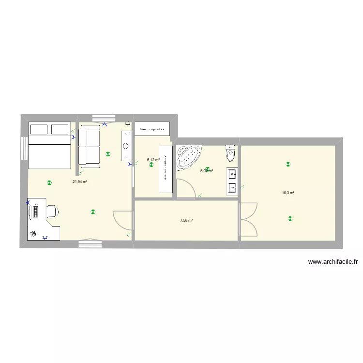 roman1. Plan de 5 pièces et 57 m²
