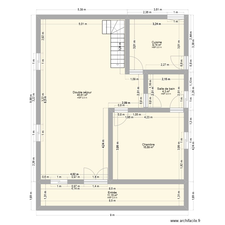 Nouveau 10m*9m =90m2. Plan de 5 pièces et 88 m2