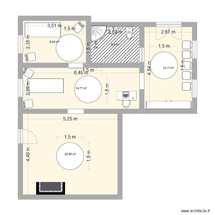 plan brut T2. Plan de 5 pièces et 64 m2