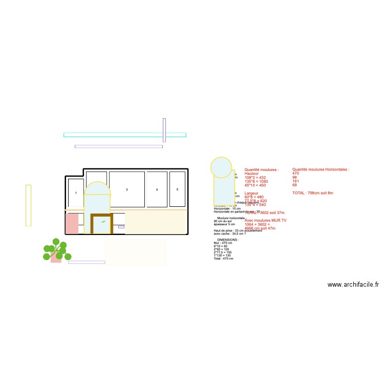 Aménagement 2 - mur moulures. Plan de 1 pièce et 12 m2