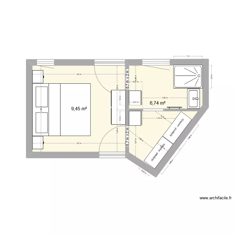 chambre parentale. Plan de 2  et 16 m²