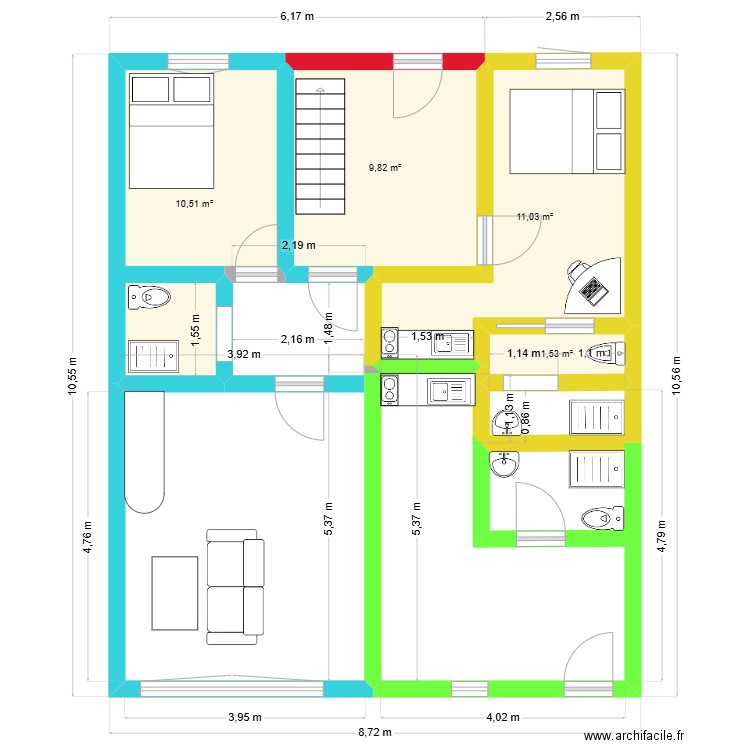 RDC. Plan de 4 pièces et 33 m2