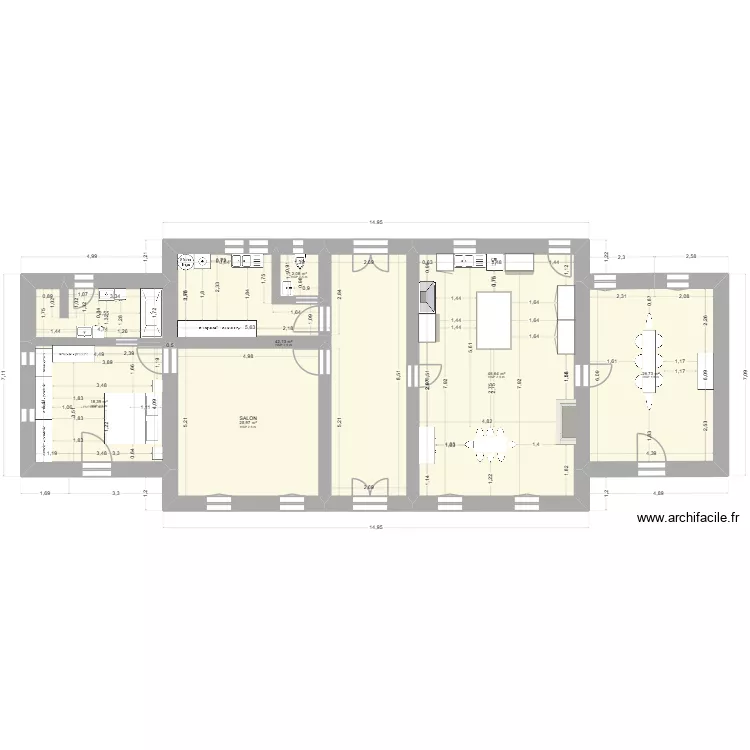 Subles 26-03-31 RDC cuisine dans sejour sejour dans bureau. Plan de 6  et 162 m²