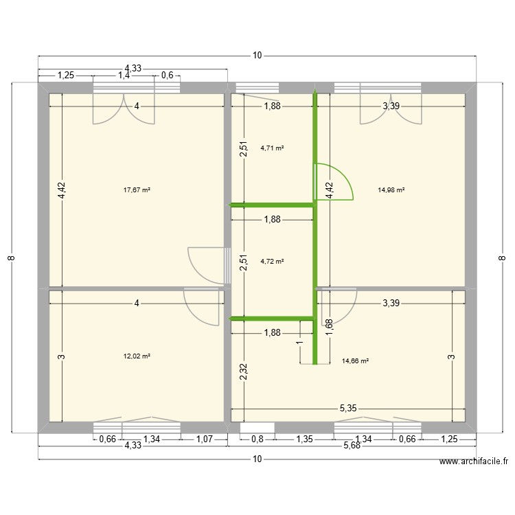 Rdc 1er version. Plan de 6 pièces et 69 m2