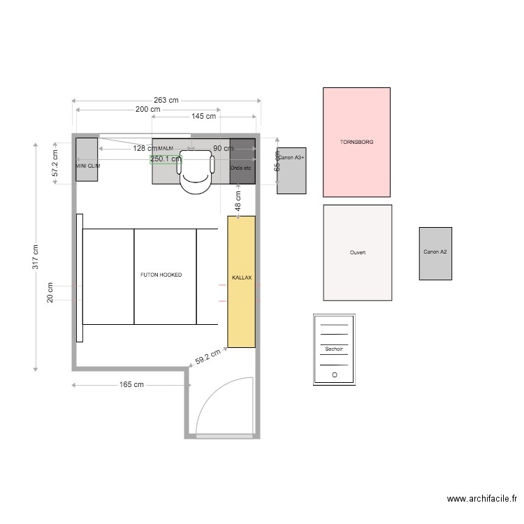 Bureau NEW Futon v2. Plan de 1 pièce et 9 m2
