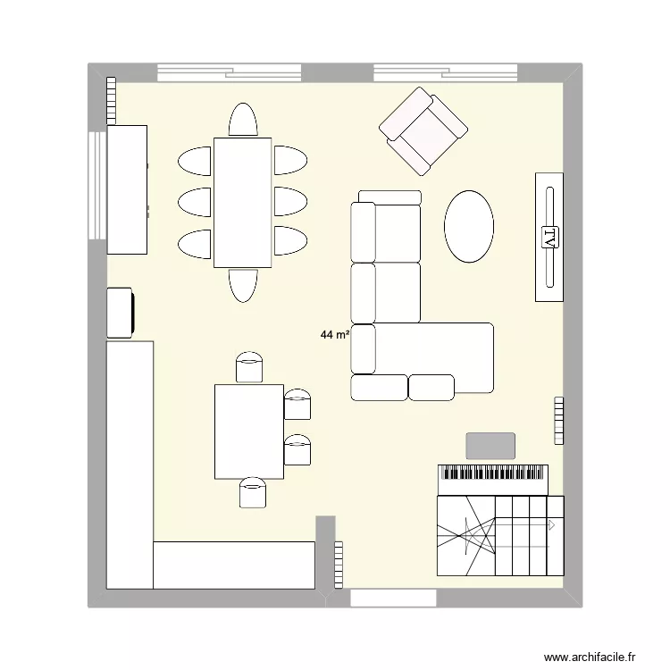 salon. Plan de 1  et 44 m²