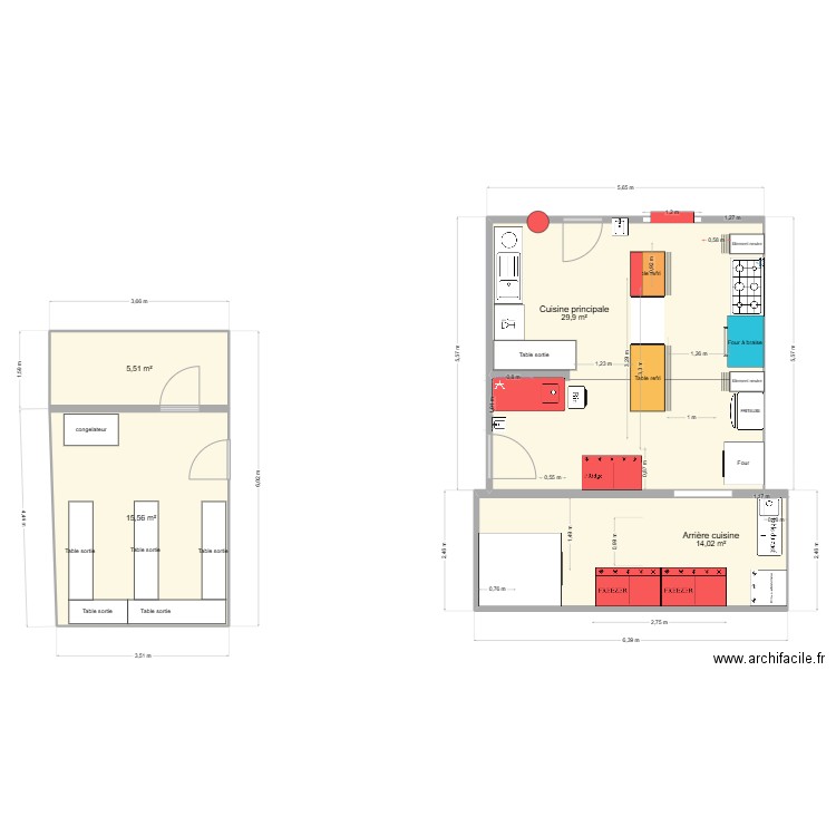 Cuisine. Plan de 2 pièces et 44 m2