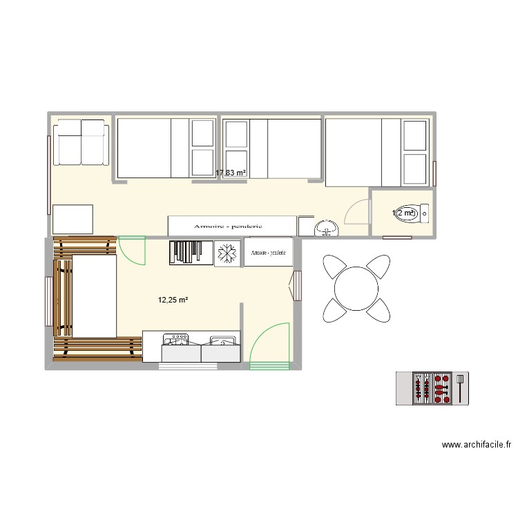 Caravane. Plan de 3 pièces et 31 m2