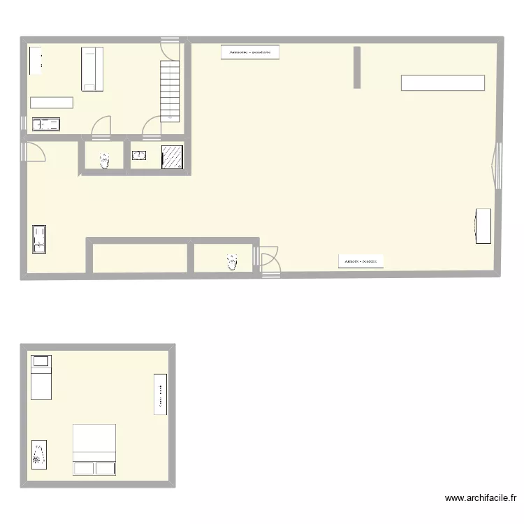 Grande salle et Meublé. Plan de 5 et 223 m² Grande salle et Meublé. Plan de 5 et 223 m²