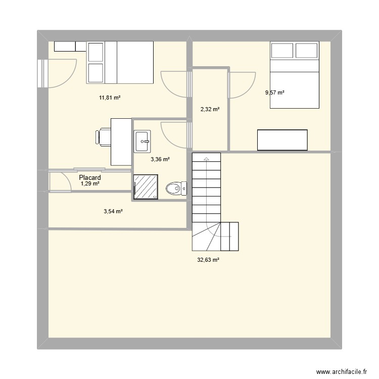maison etage 1. Plan de 7 pièces et 65 m2