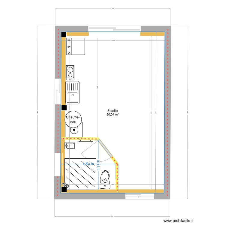 Studio avec cotes SDB. Plan de 1 pièce et 20 m2