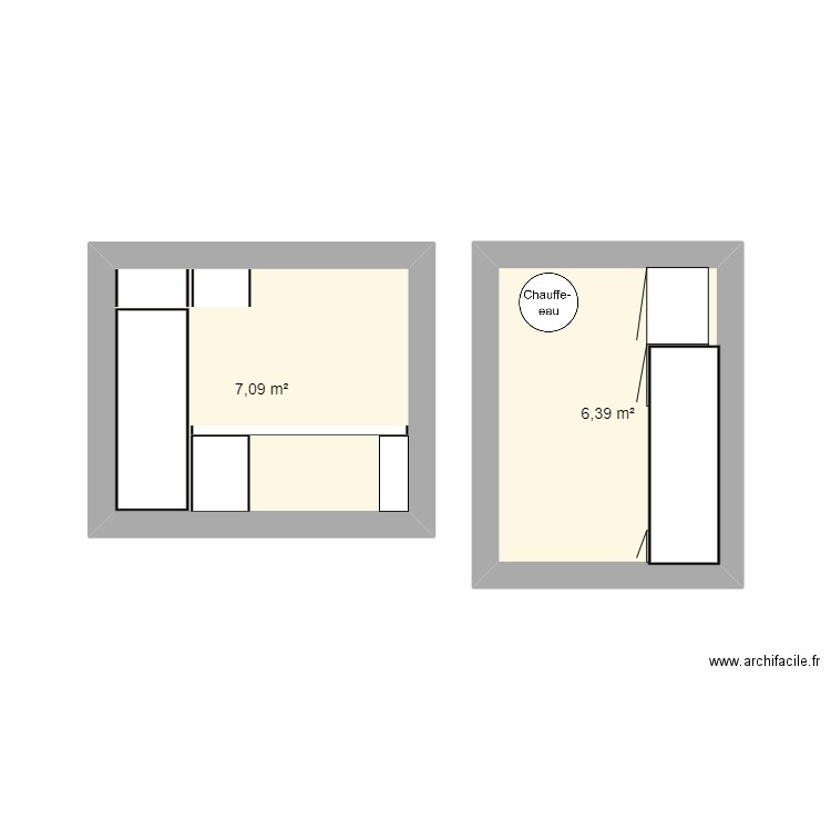 Bureau vue coupe. Plan de 2 pièces et 13 m2