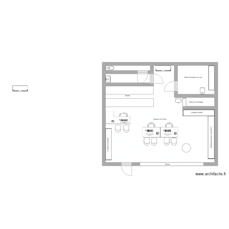 magasin. Plan de 5 pièces et 61 m2