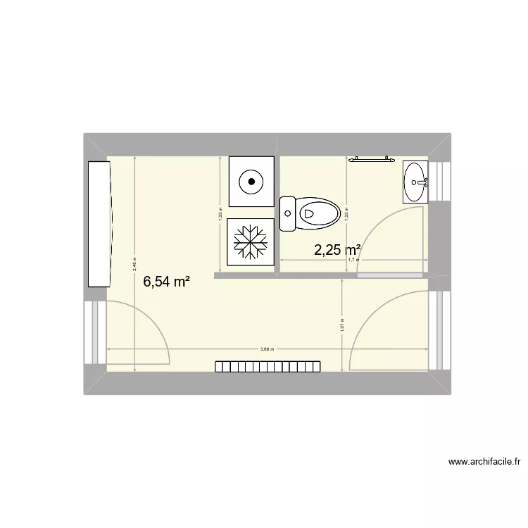 Projet WC RDC. Plan de 2 pièces et 9 m²