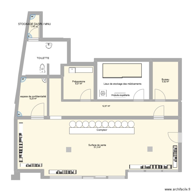 Plan 1 future pharmacie Vecchio. Plan de 6 pièces et 84 m2