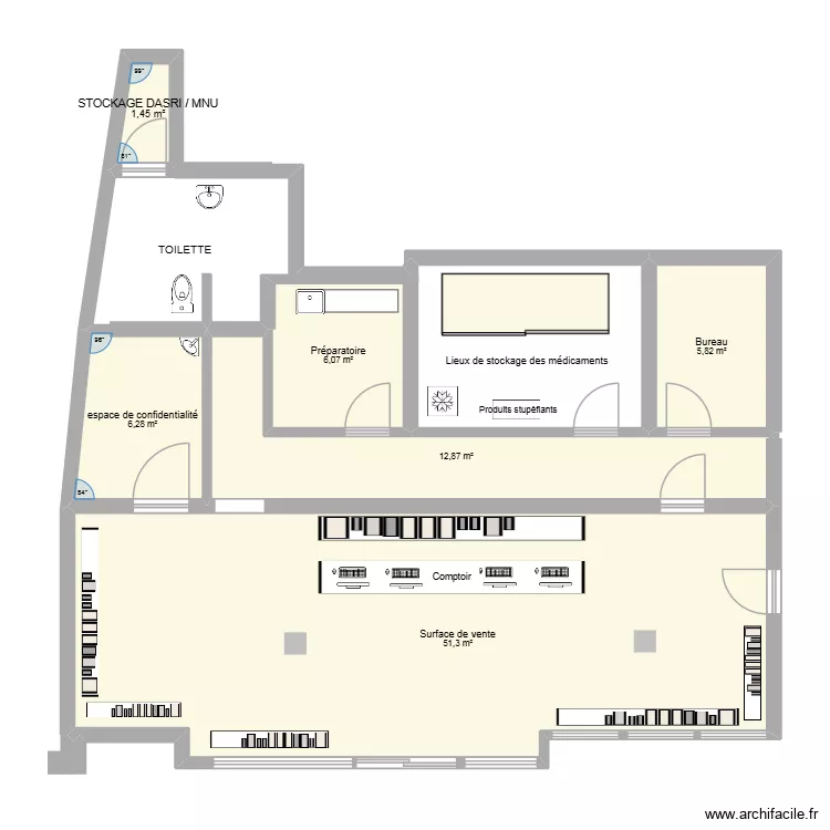 Plan 1 future pharmacie Vecchio. Plan de 6 pièces et 84 m²