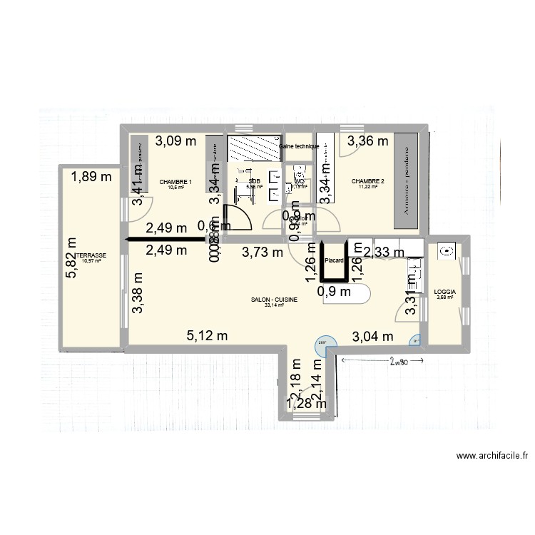 Plan T3 Tamaris 1er étage Travaux. Plan de 10 pièces et 79 m2
