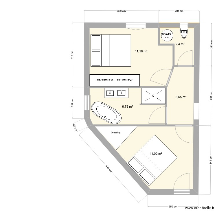 Chambre. Plan de 5 pièces et 35 m2