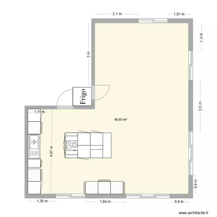 Cuisine fontaine. Plan de 1 Pièce et 50 m²
