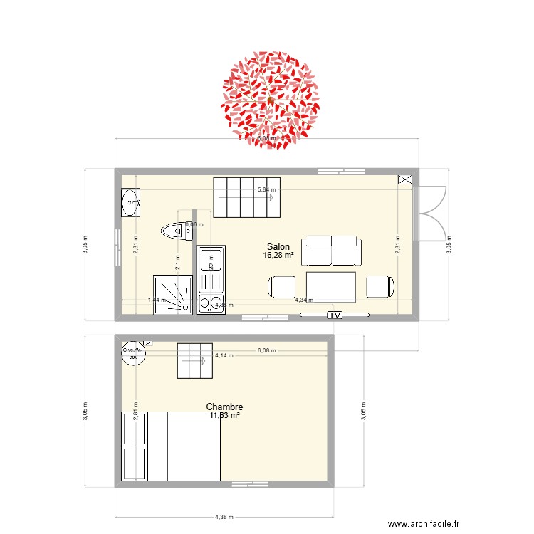 tiny house architecure. Plan de 2 pièces et 28 m2