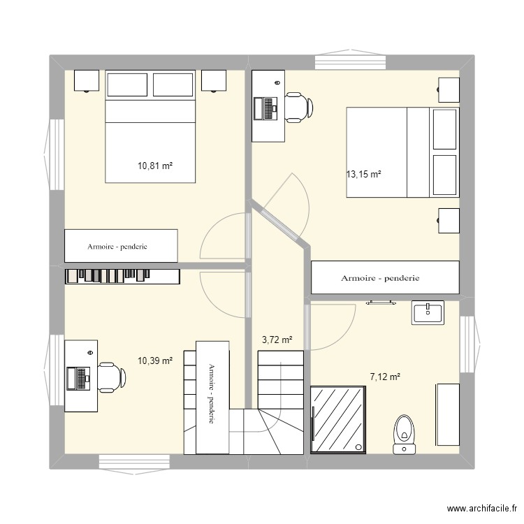 Pièce R+1. Plan de 5 pièces et 45 m2