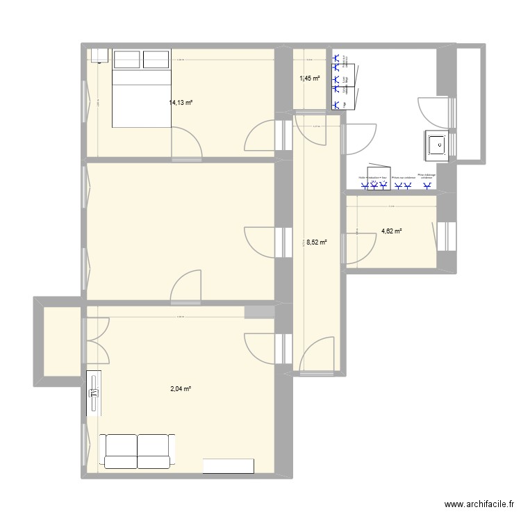 Observatoire - électricité cuisine. Plan de 5 pièces et 50 m2
