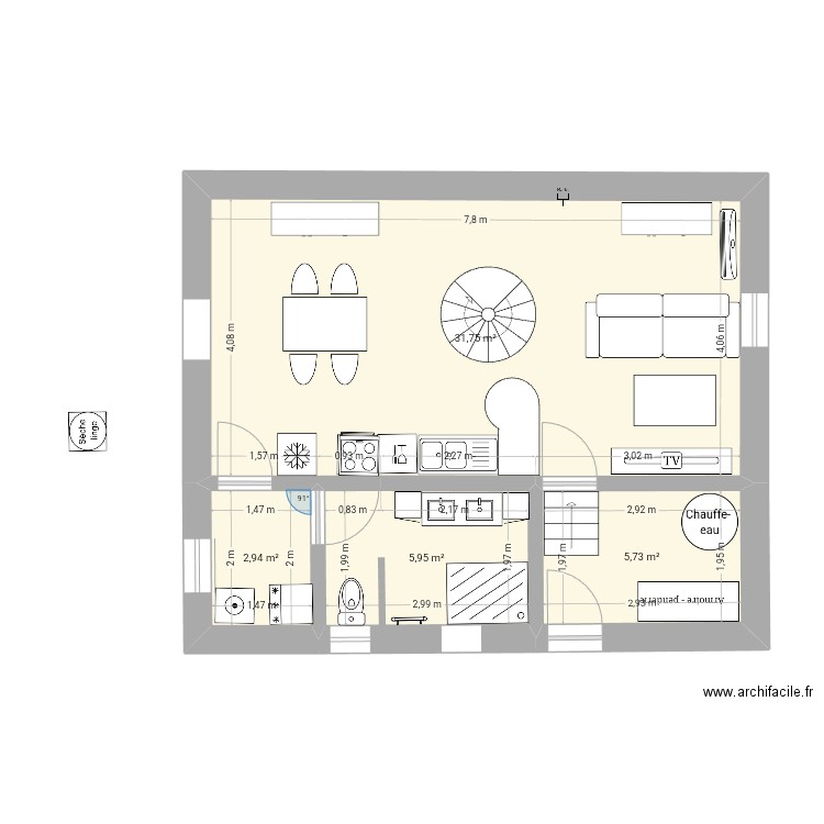 Rdc. Plan de 4 pièces et 46 m2
