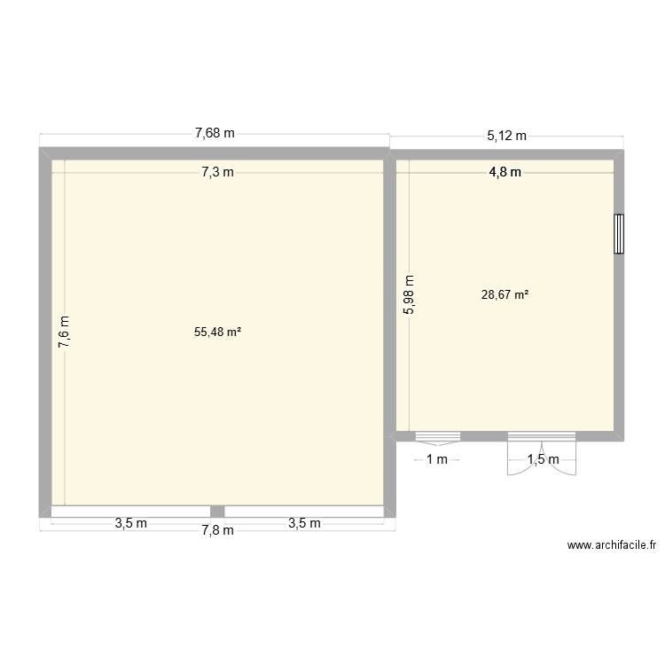 carré. Plan de 2 pièces et 84 m2