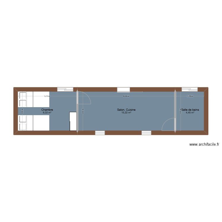 Techno. Plan de 3 pièces et 29 m2