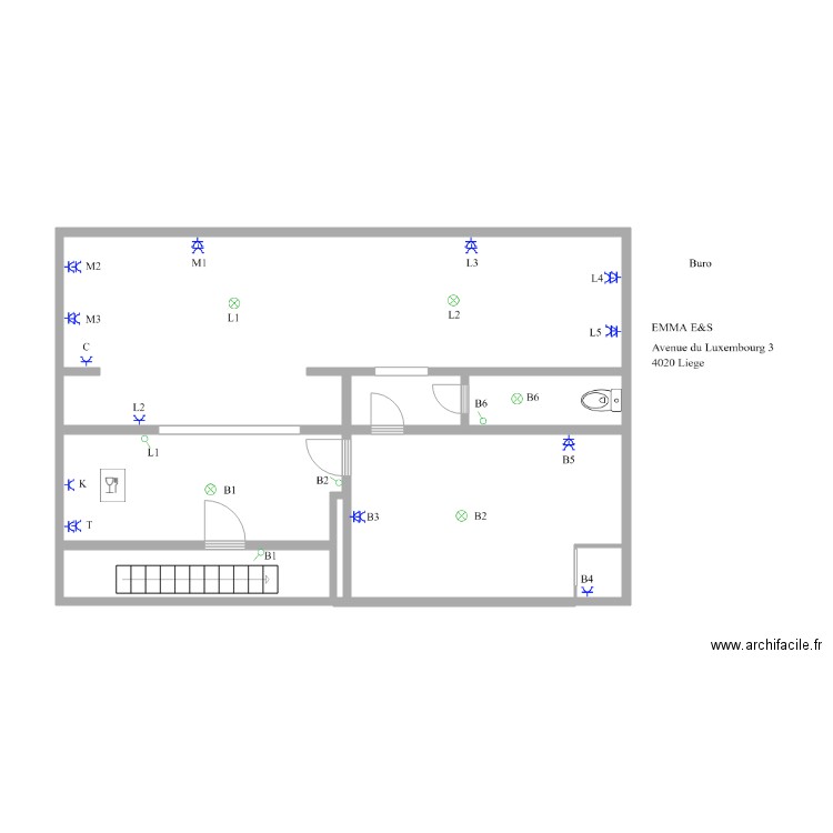 buro 1. Plan de 8 pièces et 55 m2