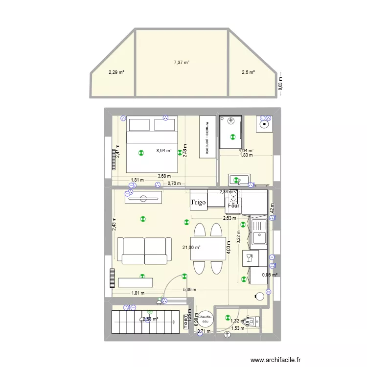 T2 bar. Plan de 9  et 52 m²