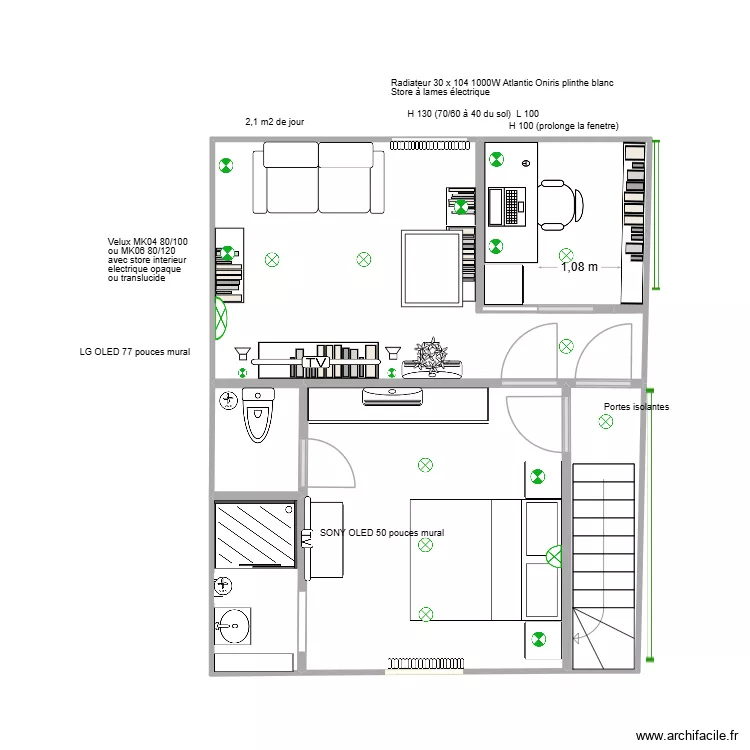 1. Salon et chambre 1 fen&ecirc;tre  fauteuil parall&egrave;le fen&ecirc;tre. Plan de 5  et 37 m²