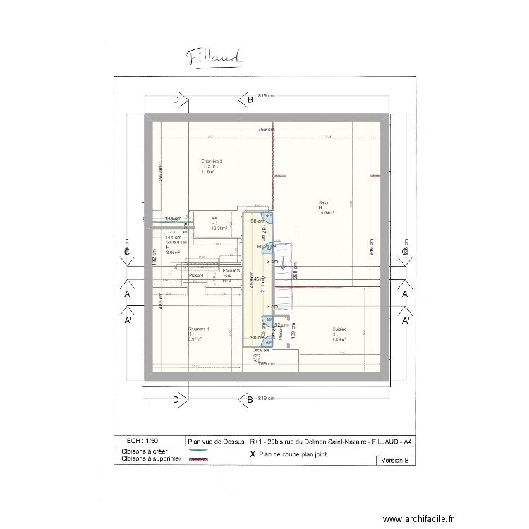 Fillaud. Plan de 2 pièces et 69 m2
