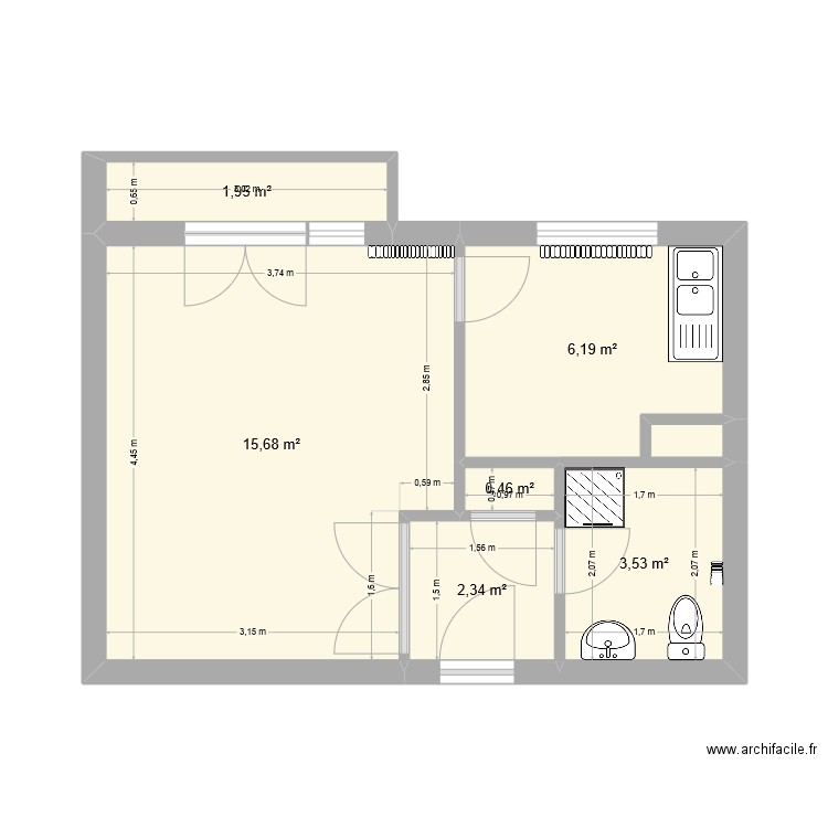 studio Flo. Plan de 6 pièces et 30 m2