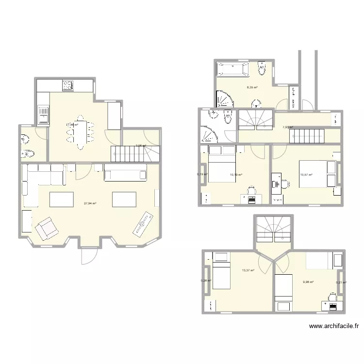 Cottage layout, bridge, two storey rear extension as bathroom and existing extension raised and protected stair. Plan de 