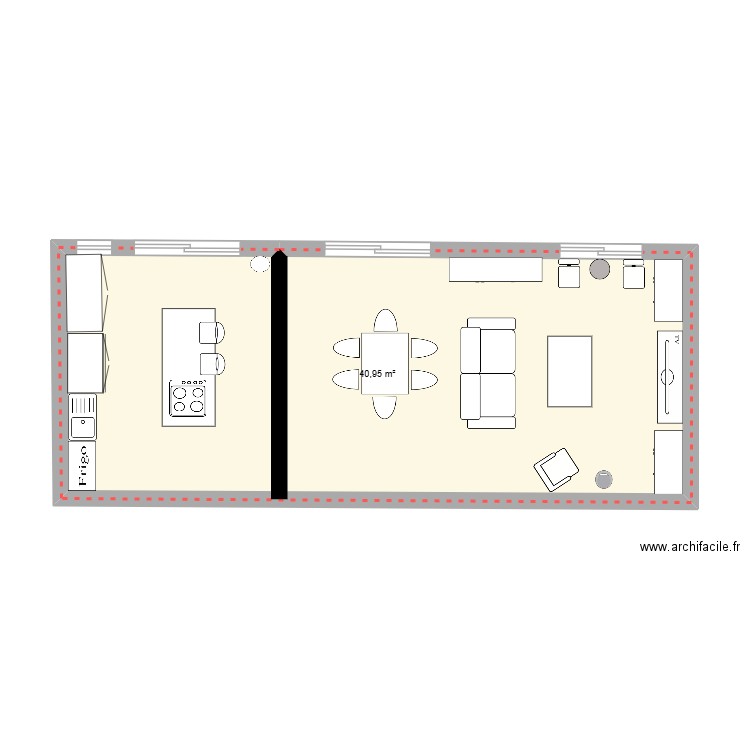 cuisine. Plan de 1 pièce et 41 m2