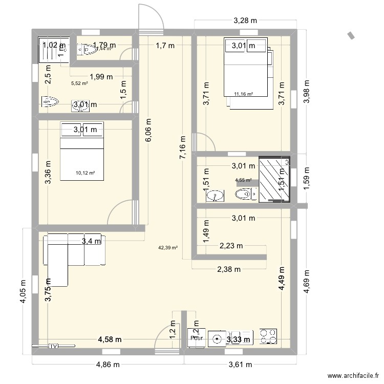Maison Gwada. Plan de 6 pièces et 75 m2