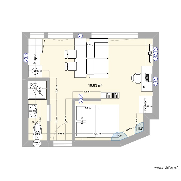 studio sans cloison. Plan de 2 pièces et 22 m2