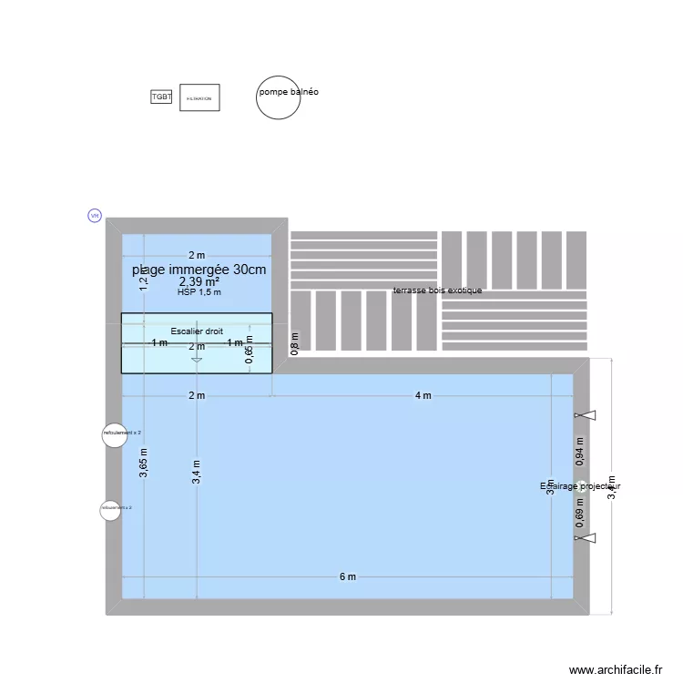 Piscine en format L plan DP. Plan de 2  et 22 m²