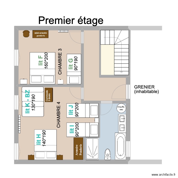 Chambres ETAGE LGDV. Plan de 5 pièces et 52 m2