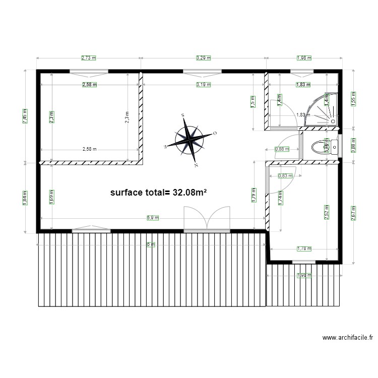 existant   2  chalet 59. Plan de 4 pièces et 32 m2