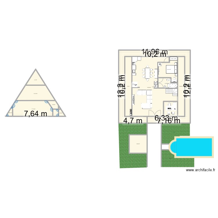 Maiso0 en A personnelle. Plan de 14 pièces et 183 m2