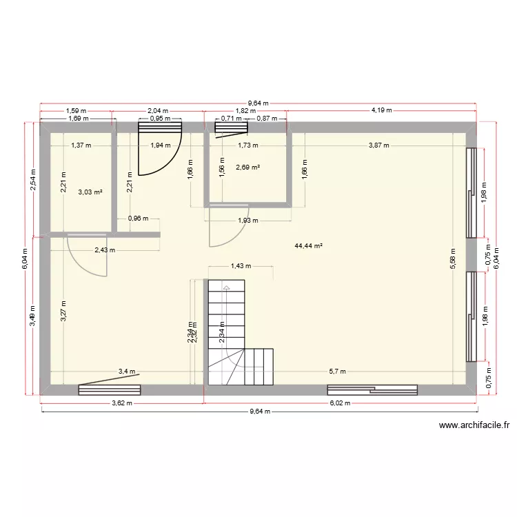 Plan RDC. Plan de 3  et 50 m²